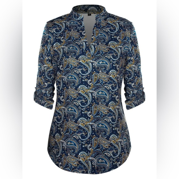 Women's Plus Size Tunic Tops 3/4 Roll Sleeve Notch V Neck Blouses Shirts - Picture 4 of 9